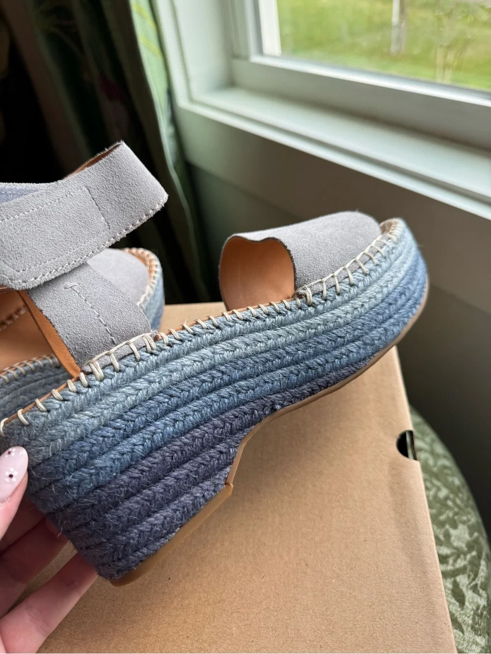 FRYE AND CO. Grayish Blue Suede Ankle-Strap Gradient Espadrille Wedges